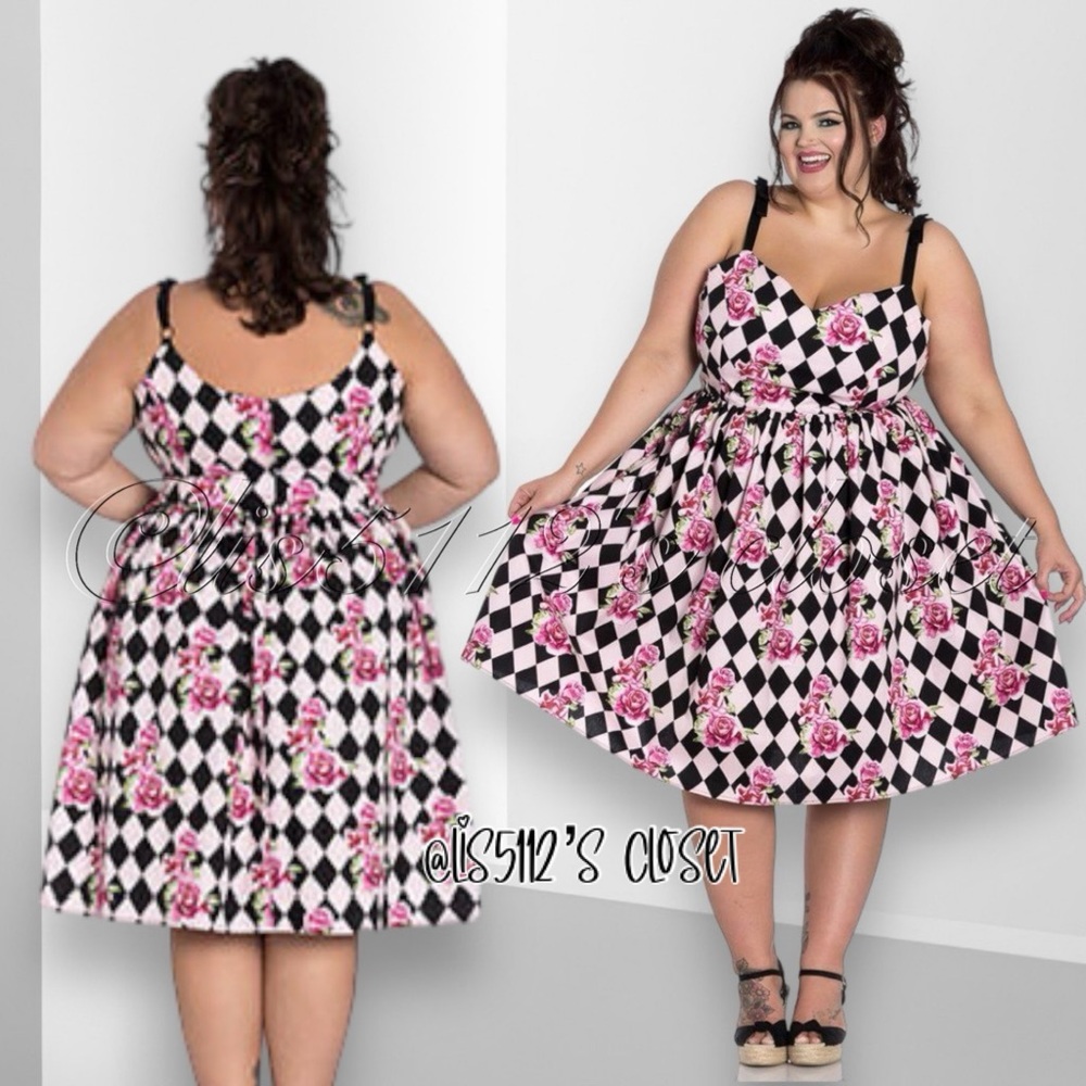 Hell Bunny Pink & Black Harlequin Rose 1950’s Pinup Swing Dress 4X UK22 fits 3X - Picture 3 of 15